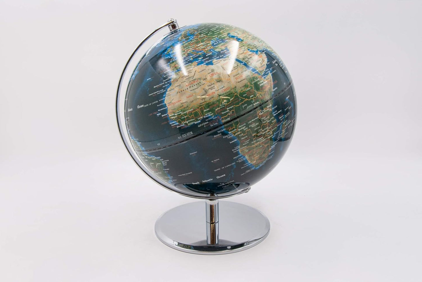 Globe terrestre élégant avec base en acier et sphère en méthacrylate - Diamètre 25 cm, couleur bleue