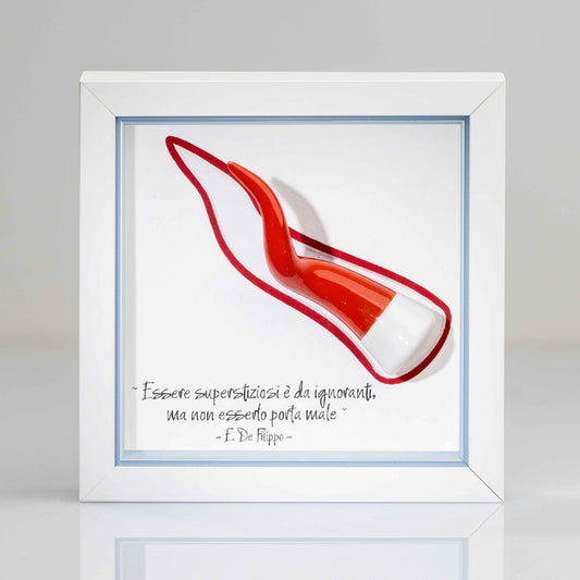 Corno napoletano in ceramica rosso con cornice in legno artigianale iterno azzurro
