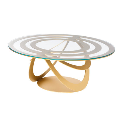Optical oval iron and glass coffee table