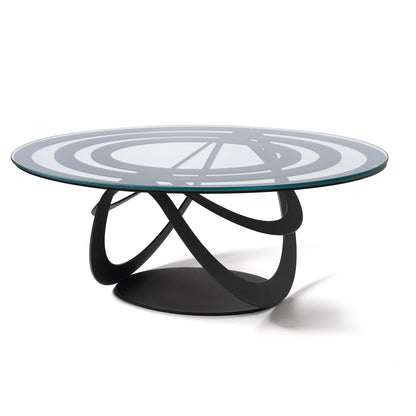 Optical oval iron and glass coffee table
