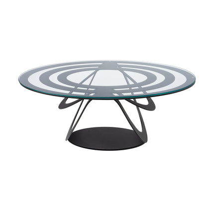 Optical oval iron and glass coffee table