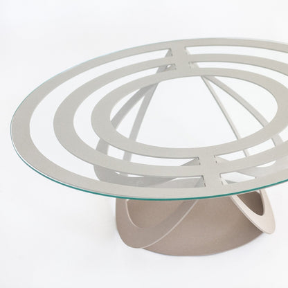 Optical oval iron and glass coffee table