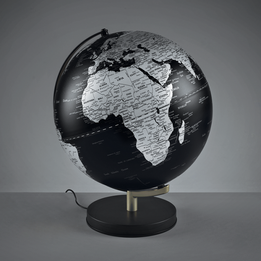 Mappamondo Illuminato a LED con Base in Acciaio Nero e Sfera in Metacrilato Nera – Diametro 30 cm