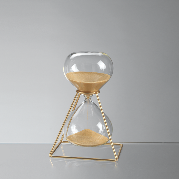 Glass Hourglass with Iron Stand – Gold Sand Color – 30 Minutes Dimensions: 12x12x19 h cm