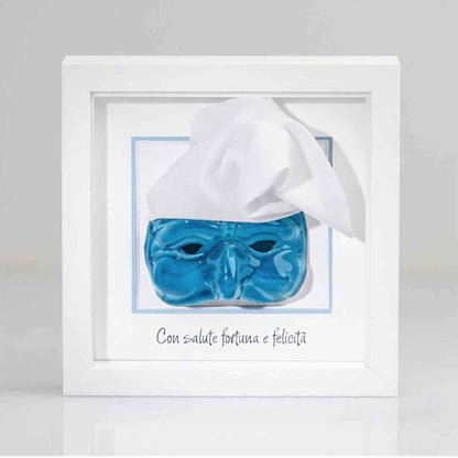 Pulcinella azzurro in ceramica Con Cornice In Legno
