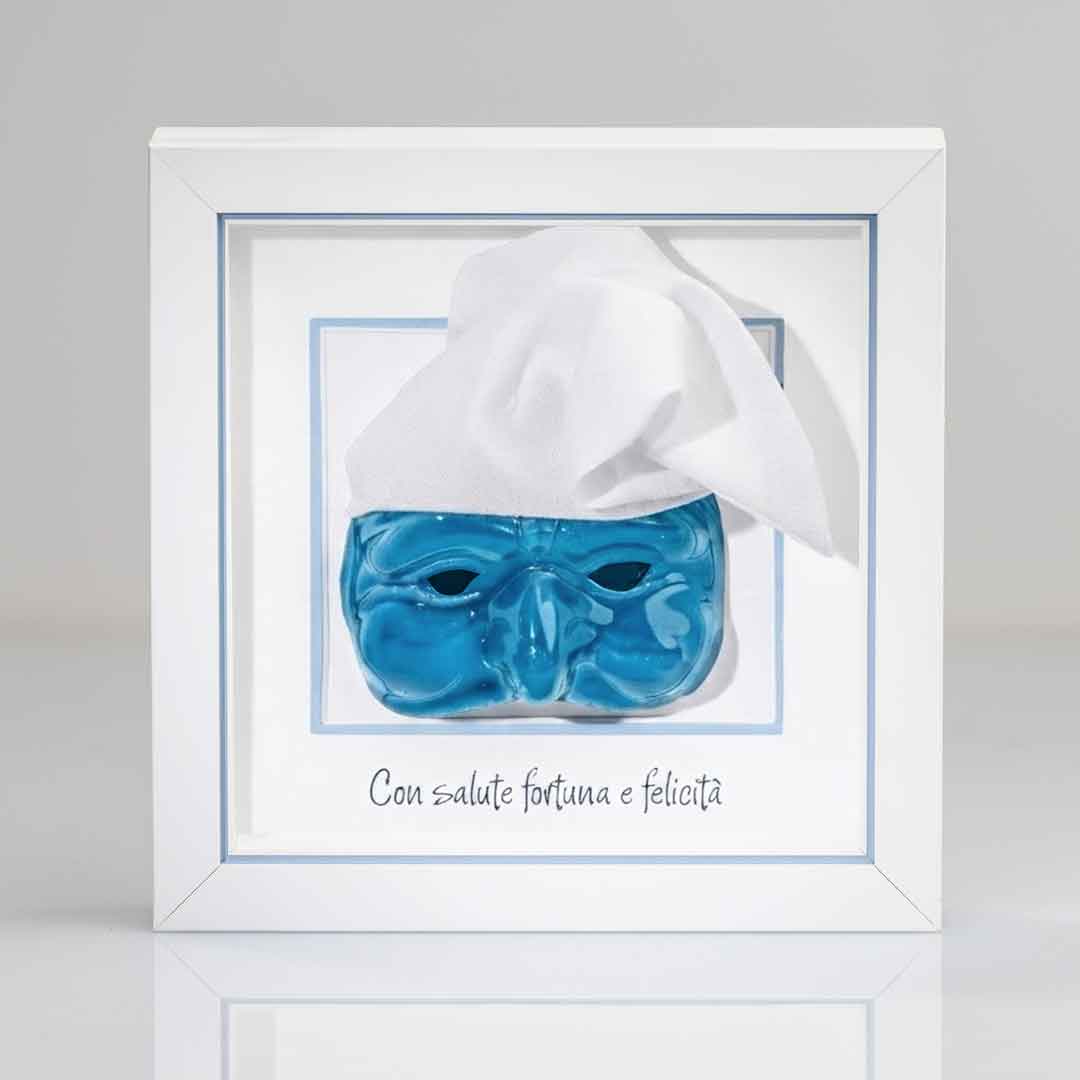 Pulcinella azzurro in ceramica Con Cornice In Legno