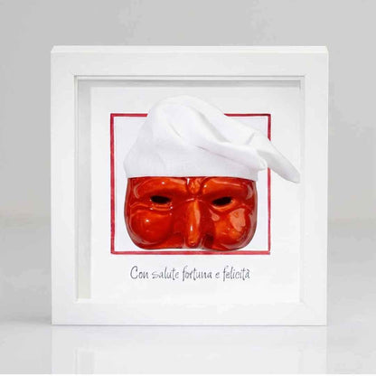 Pulcinella rosso in ceramica cornice in Legno