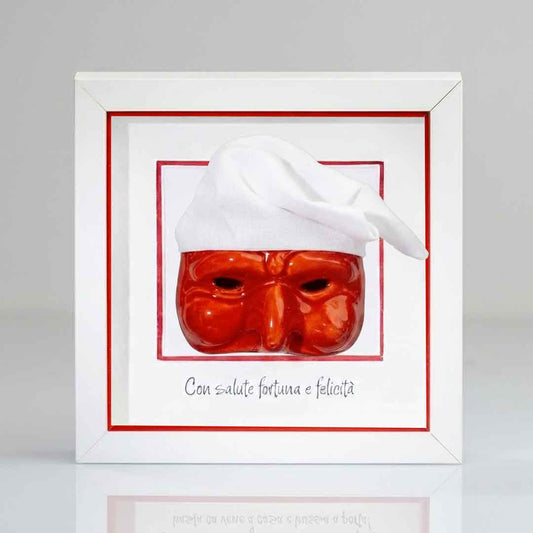 Pulcinella en céramique rouge avec cadre en bois