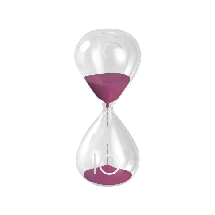 Sablier en verre avec sable fuchsia – Élégance et fonctionnalité Hauteur 15 cm Durée environ 10 minutes 