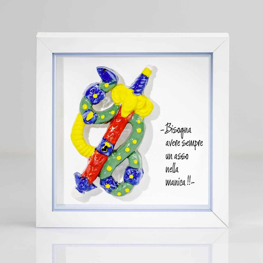 Quadro decorativo con Asso di spade napoletano in ceramica made in italy on cornice rigo azzurro