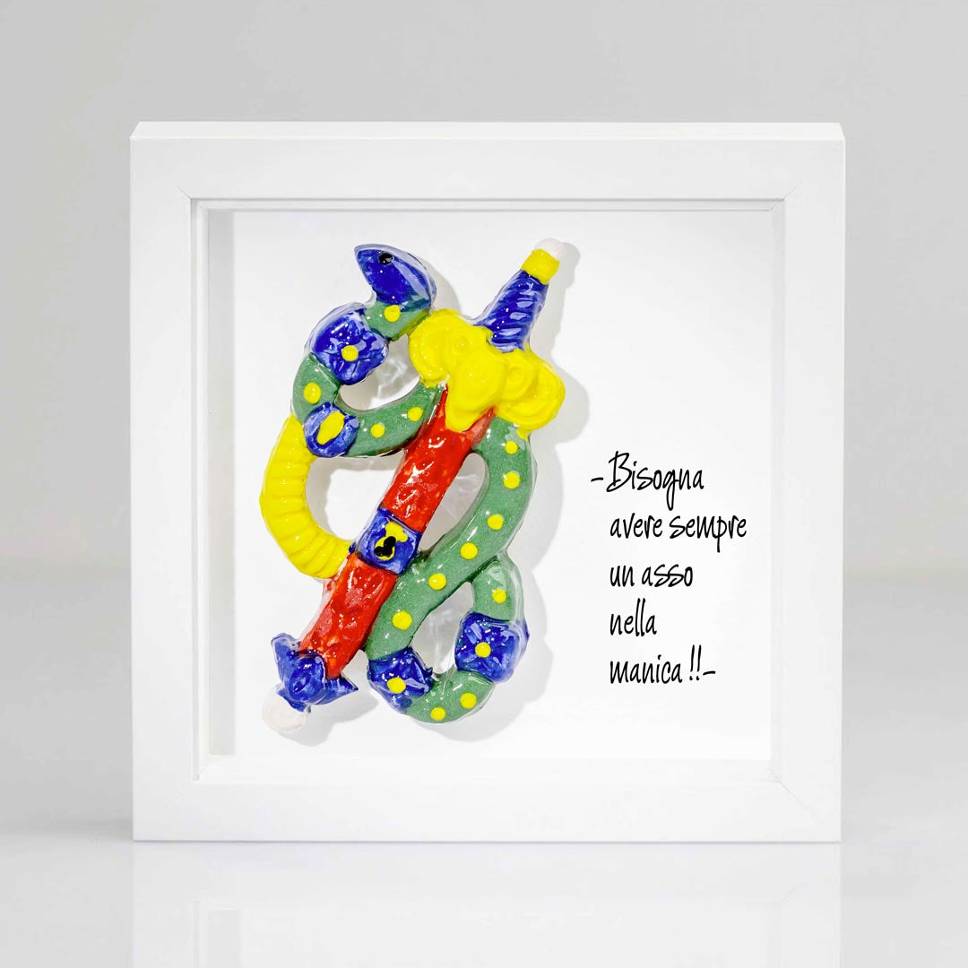 Quadro decorativo con Asso di spade  napoletano in ceramica fatta a mano cornice tutta bianca