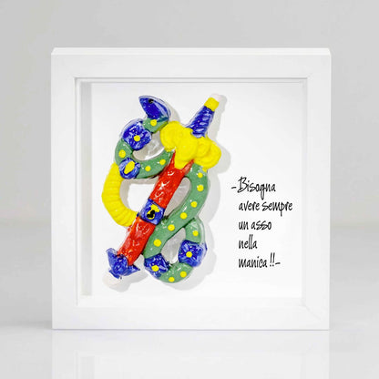 Quadro decorativo con Asso di spade  napoletano in ceramica fatta a mano cornice tutta bianca