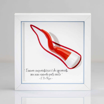 Corno napoletano in ceramica rosso con cornice in legno artigianale rigo azzurro