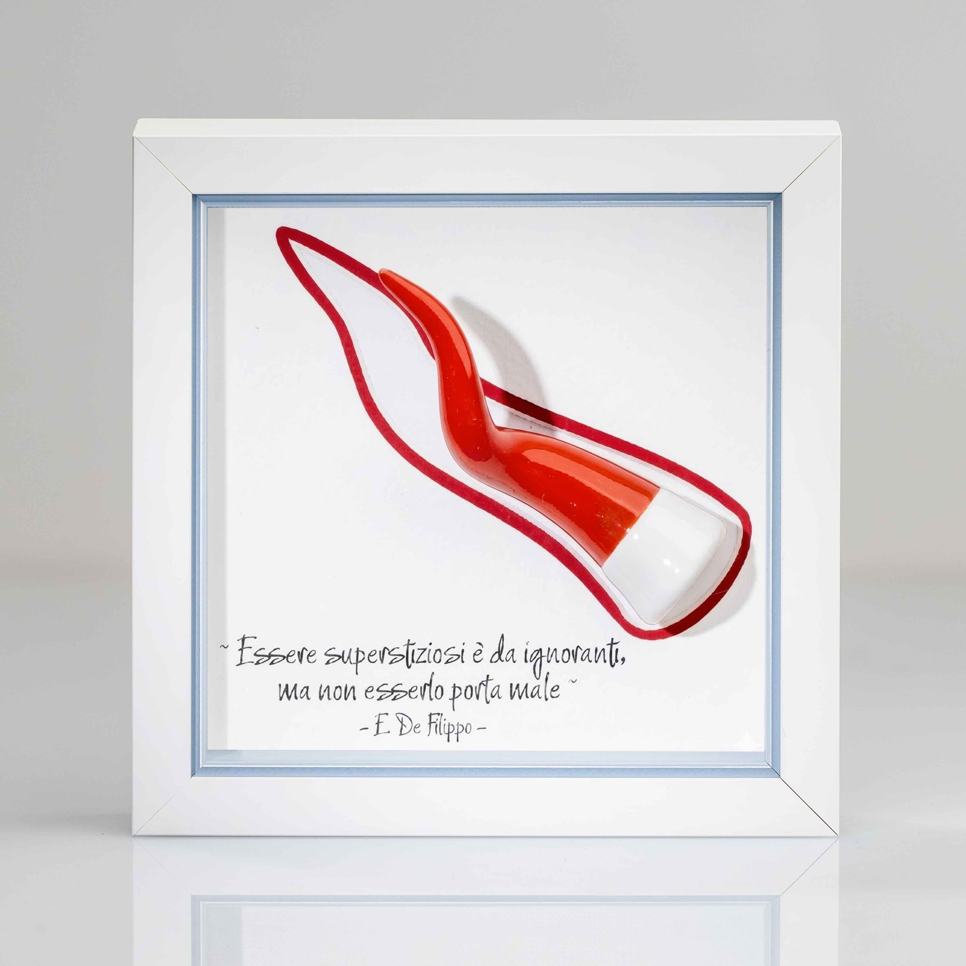 Corno napoletano in ceramica rosso con cornice in legno artigianale iterno azzurro