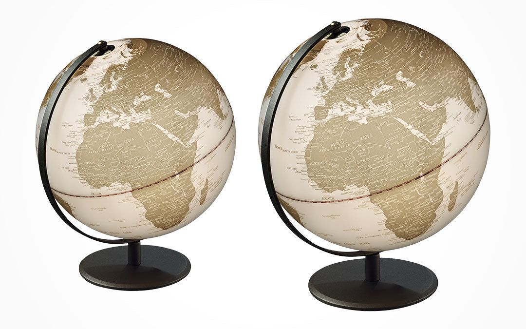 Carte du monde élégante avec base en fer satiné et sphère en nacre Ø 30 cm