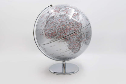 Globe terrestre élégant avec base en acier et sphère en méthacrylate - Diamètre 25 cm, couleur argent