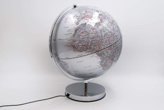 Mappamondo Illuminato con Base in Acciaio e LED - Sfera in Metacrilato Bianco e Argento Ø 30 cm
