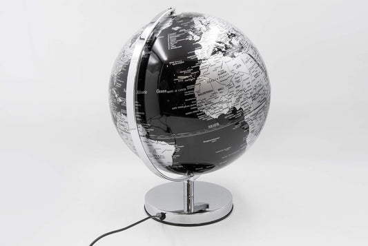 Mappamondo Decorativo Luminoso con Illuminazione a LED - Base in Metallo Argentato e Sfera in Metacrilato Ø 30 cm