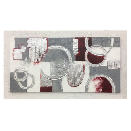 TOILE DOUBLE ABSTRAITE COULEURS GRISES AVEC DÉTAILS VIN, DÉCORATIONS ARGENTÉES, TOILE DE BASE BLANCHE.