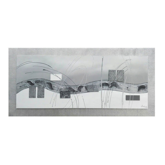 TOILE DOUBLE ABSTRAITE, COULEURS GRISES, DÉTAILS ARGENTÉS, TOILE DE BASE ARGENTÉE