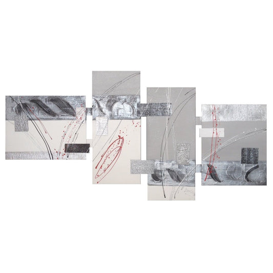 TOILES MULTIPLES ABSTRAITES DE COULEURS GRISES AVEC DES DÉTAILS ROUGES ET DES DÉCORATIONS ARGENTÉES