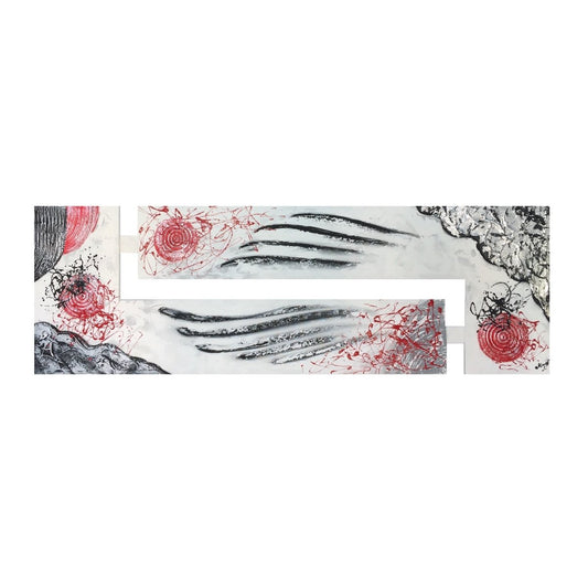 TOILE DOUBLE ABSTRAITE COULEURS NOIR/GRIS, DÉTAILS EN ROUGE AVEC DÉCORATIONS ARGENTÉES