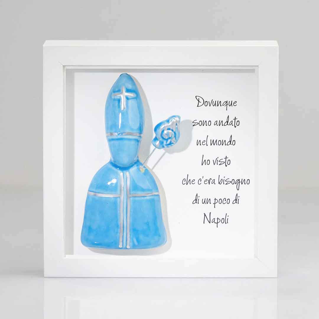 San Gennaro in Ceramica Azzurro 16x16 cm Con Cornice e Scatola Regalo