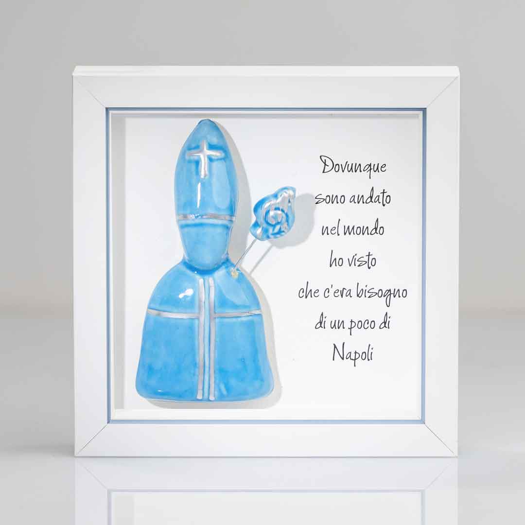 San Gennaro in Ceramica Azzurro 16x16 cm Con Cornice e Scatola Regalo